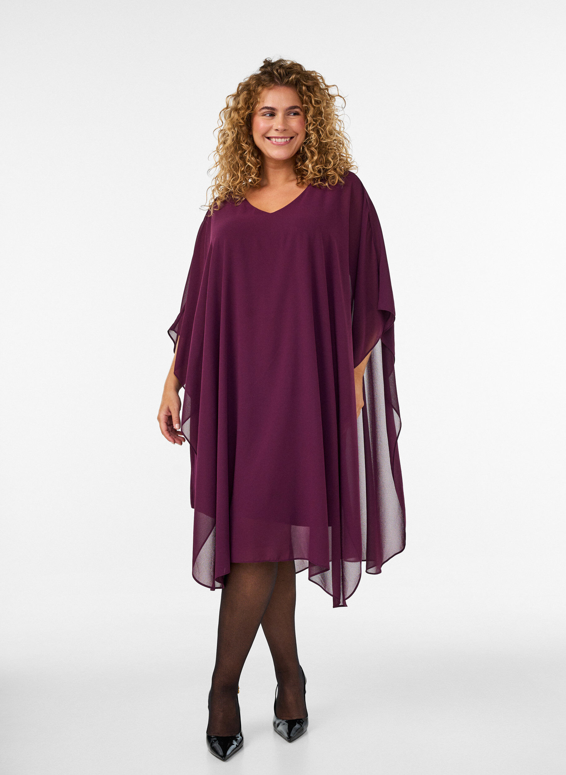 ZizzifashionShort chiffon dress with V-neck, Purple, Model image number 0