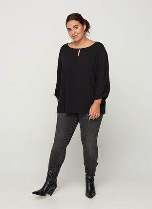 Long-sleeved viscose blouse with a round neck, Black, Model image number 2