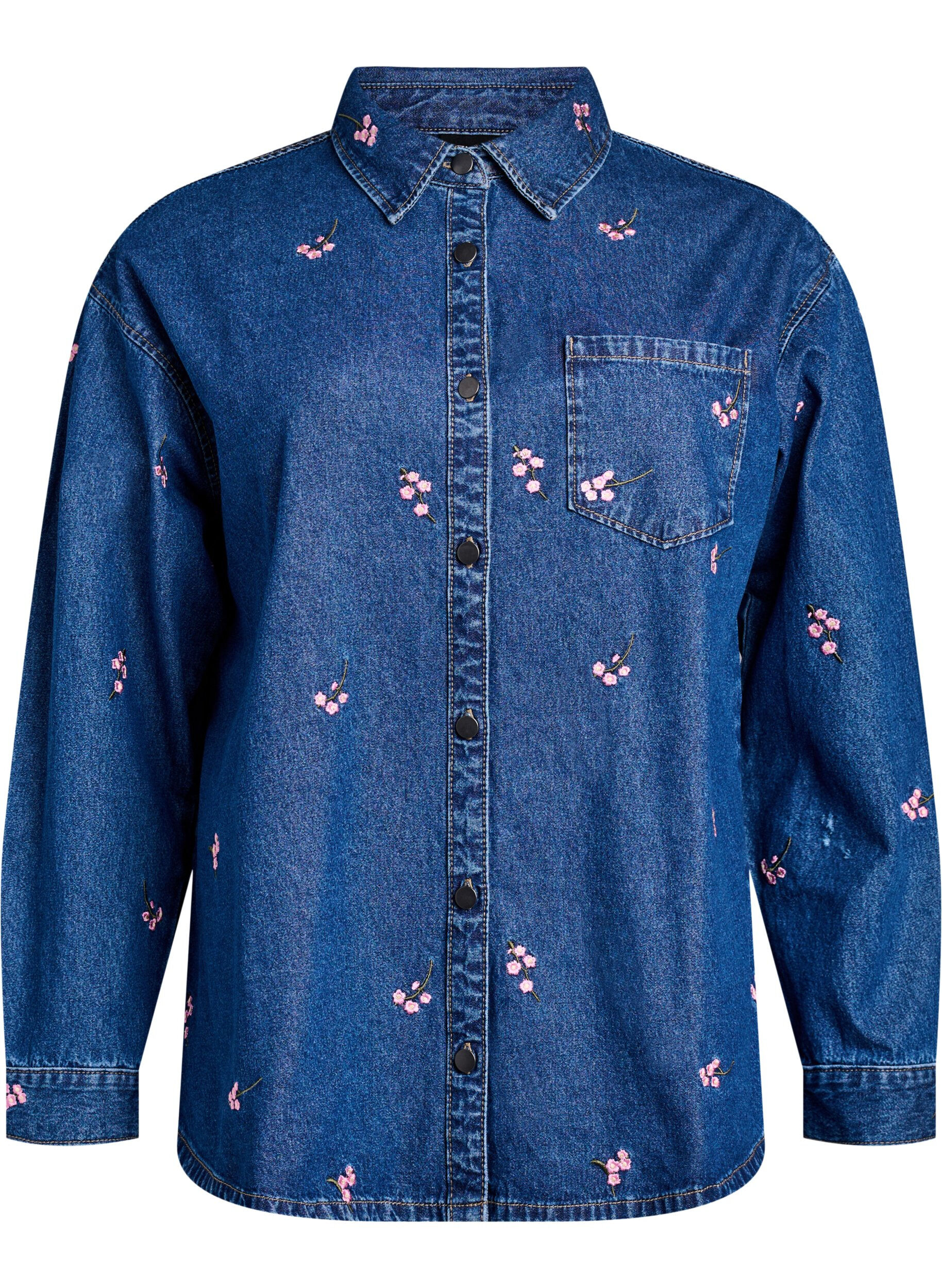 Denim shirt with embroidered flowers