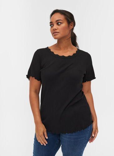 Short-sleeved, ribbed t-shirt with lace trim, Black, Model image number 0