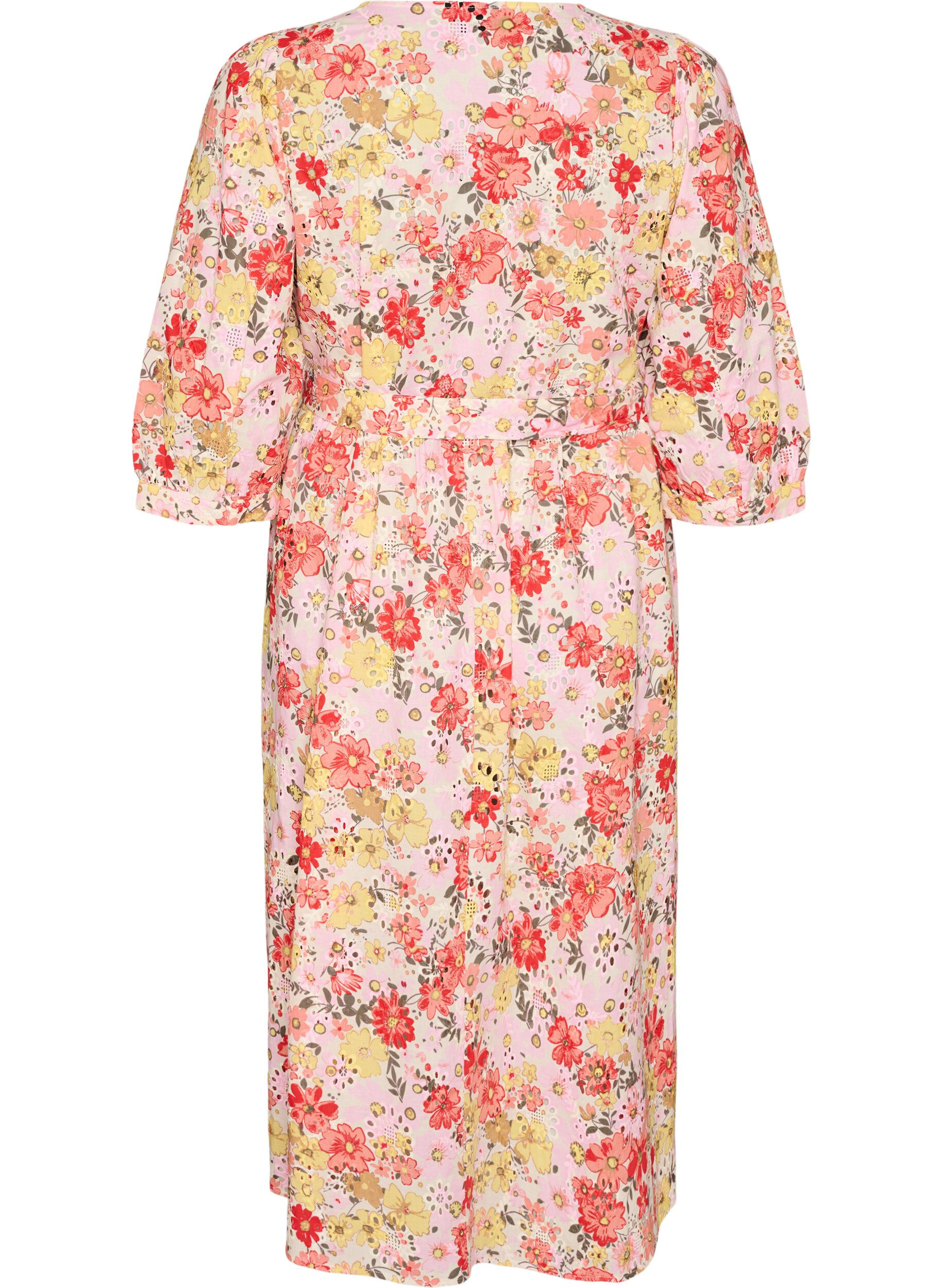 Zizzifashion Floral midi dress with broderie anglaise and a tie-belt, Rose, Packshot image number 1