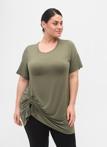 Short-sleeved viscose tunic with snow details, Dusty Olive, Model image number 0
