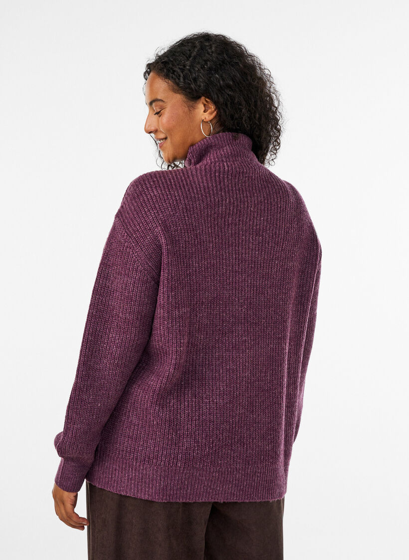 Knitted sweater with high neck and zipper, Purple, Model image number 2