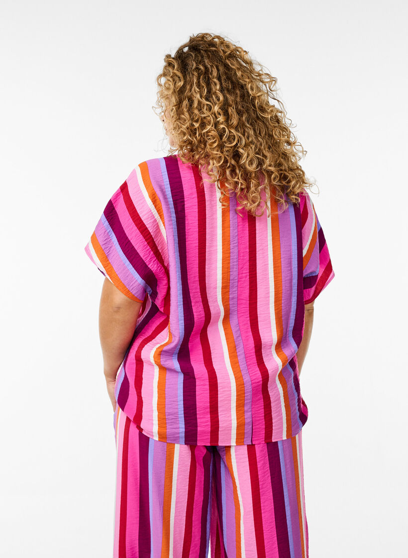 Striped viscose blouse with short sleeves, Pink, Model image number 2