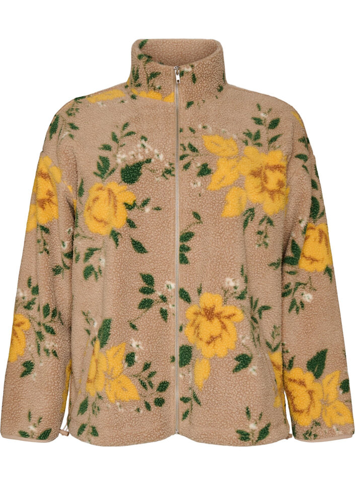 Floral fleece jacket with a high neck and zip, Beige, Packshot image number 0