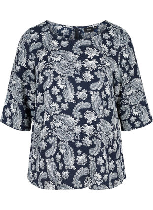 Printed blouse with lace back and 3/4-length sleeves, Night Sky/Paisley, Packshot image number 0