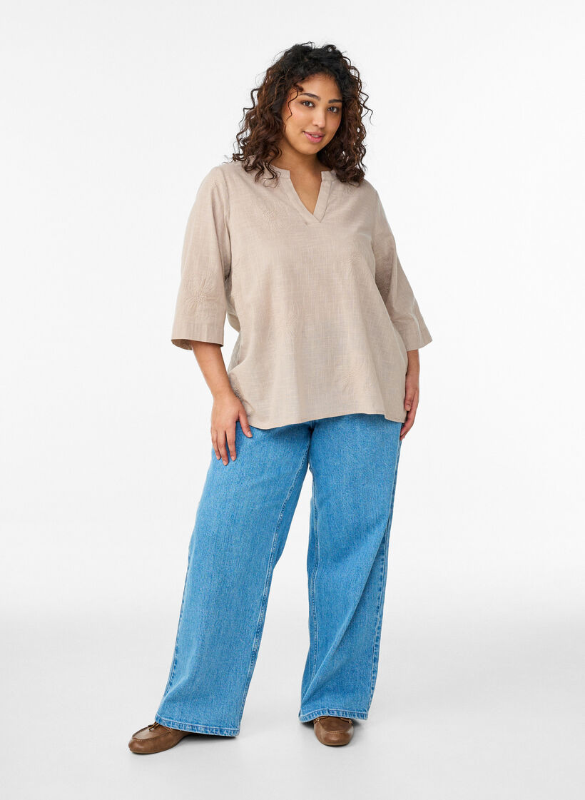 Cotton blouse with embroidered details and 3/4 sleeves, Beige, Model image number 1