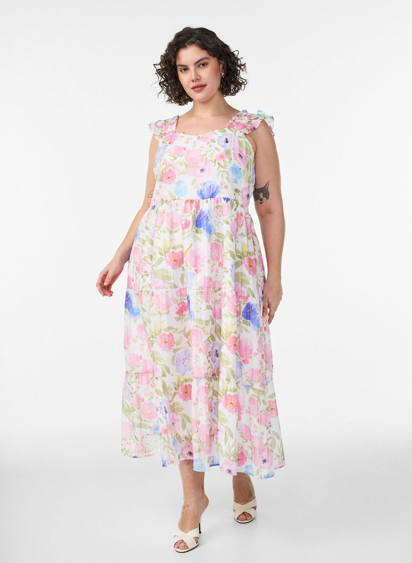Long floral dress in lyocell with ruffles, White, Model image number 0