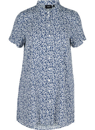 Short-sleeved viscose tunic with buttons, Petit Blue Flower, Packshot image number 0