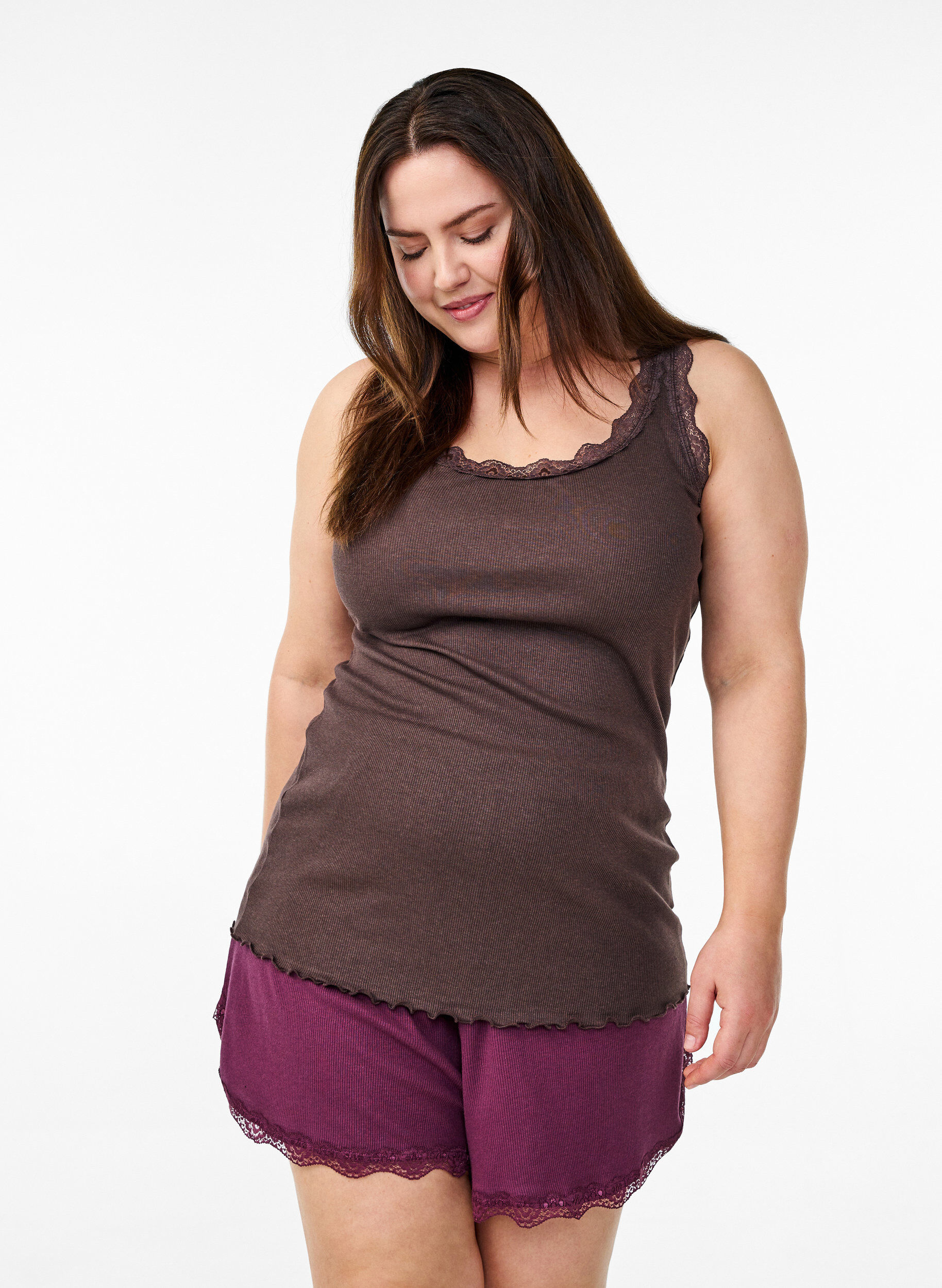 Top with lace trim, Brown, Model