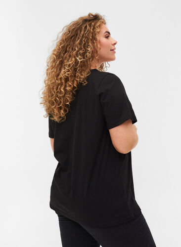 Cotton t-shirt with v-neck and lace, Black, Model image number 1