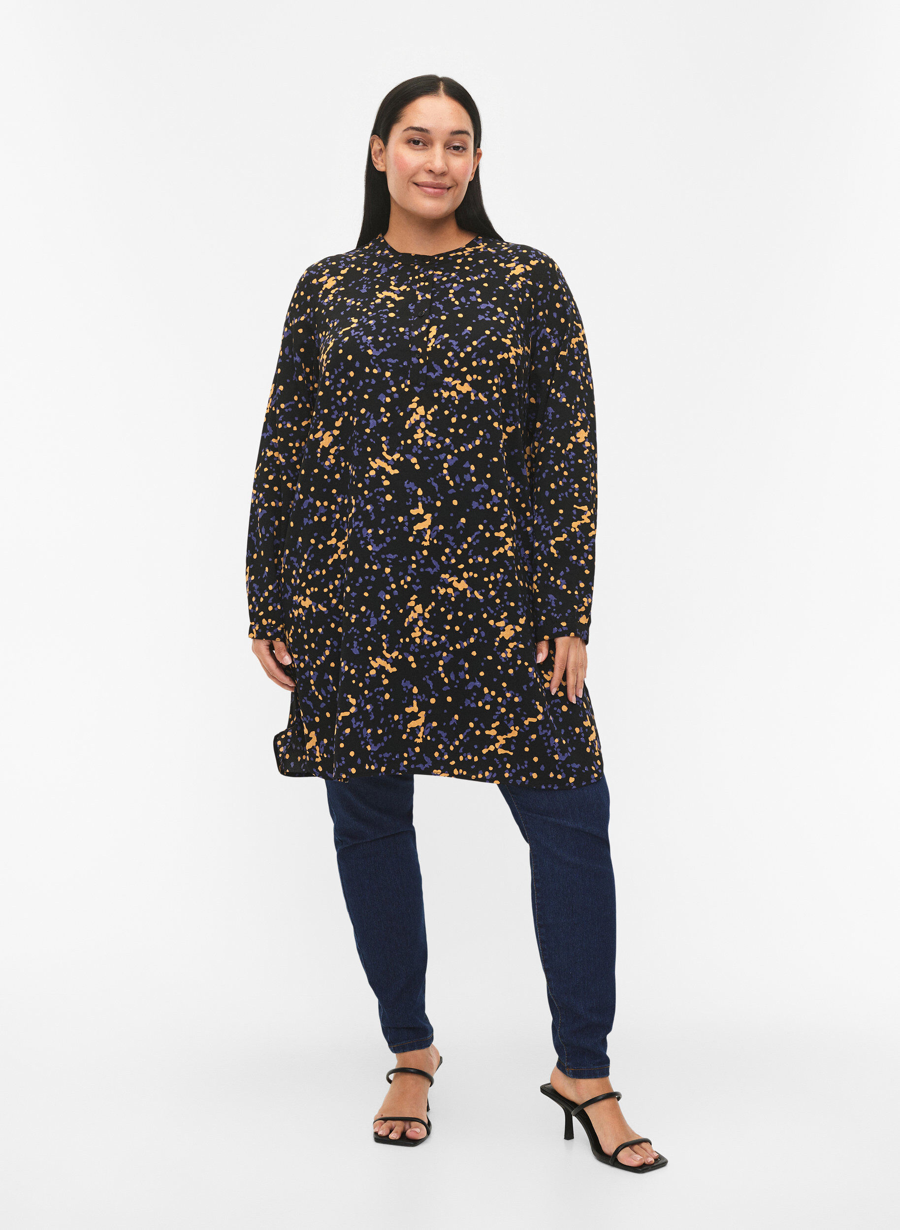 Zizzifashion FLASH - Printed tunic with long sleeves, Black Splash AOP, Model image number 2