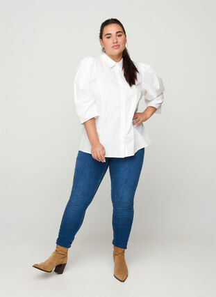 Cotton shirt with 3/4 length puff sleeves, Bright White, Model image number 2