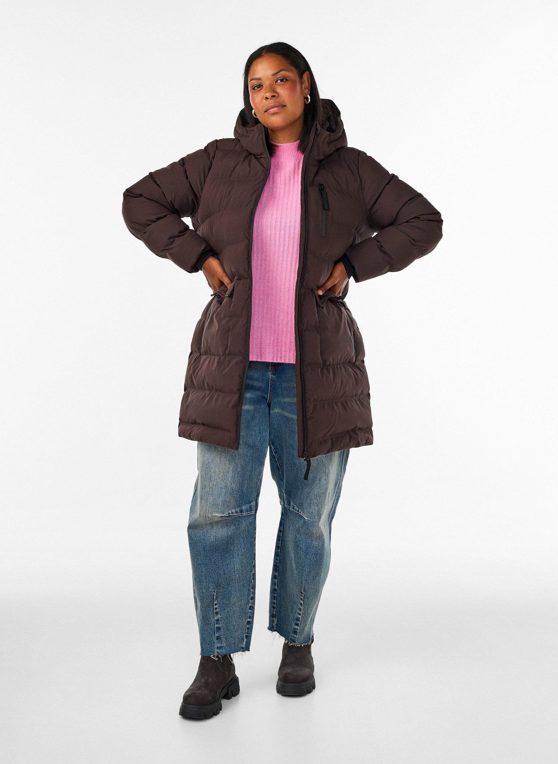 ZizzifashionPuffer coat with hood and pockets, Brown, Model image number 1