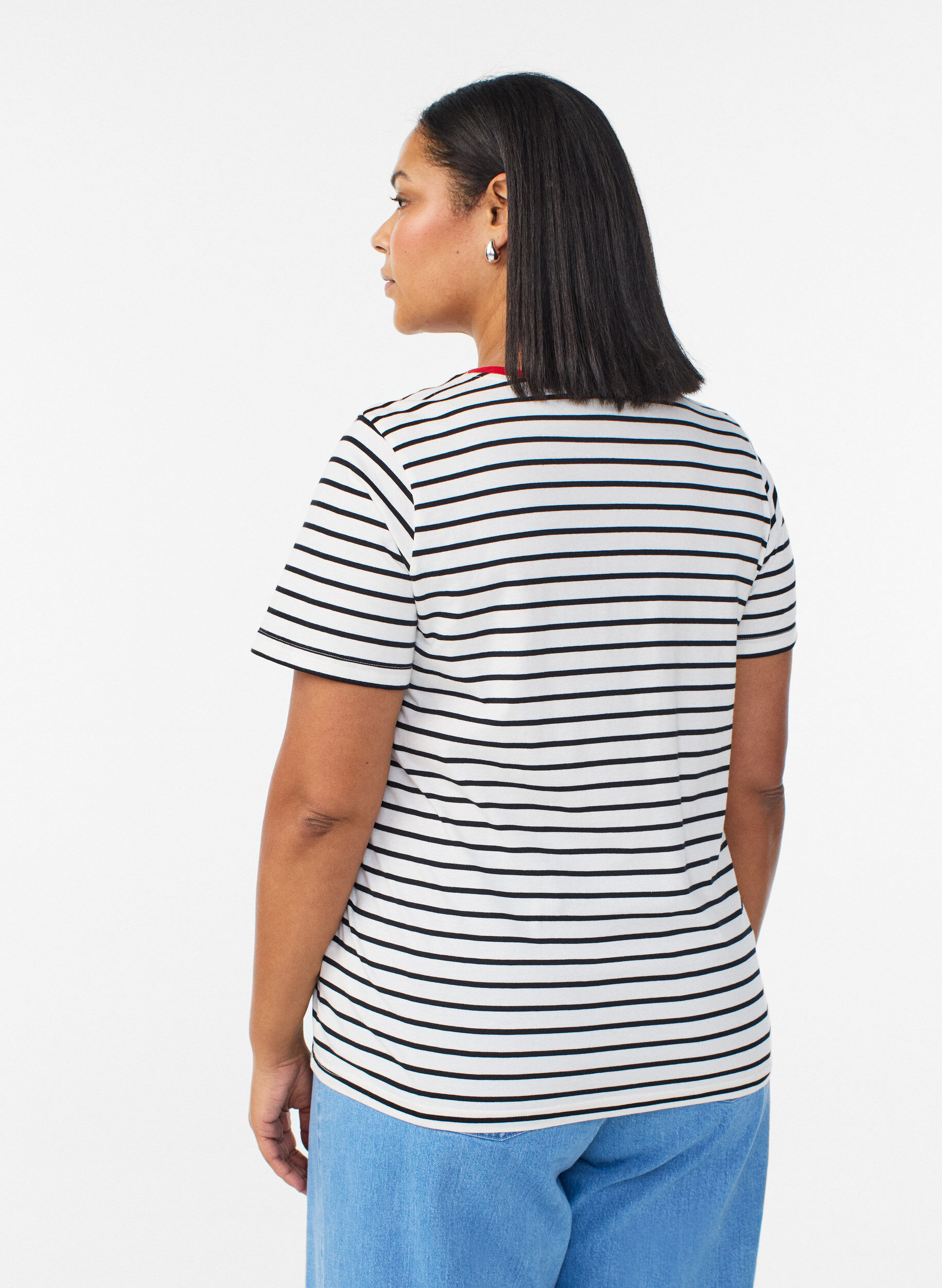 Zizzifashion Striped cotton t-shirt with embroidered text, Vanilla, Model image number 2