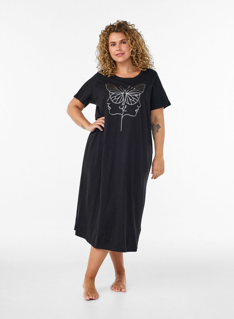 Midi nightgown in organic cotton, Black, Model image number 0