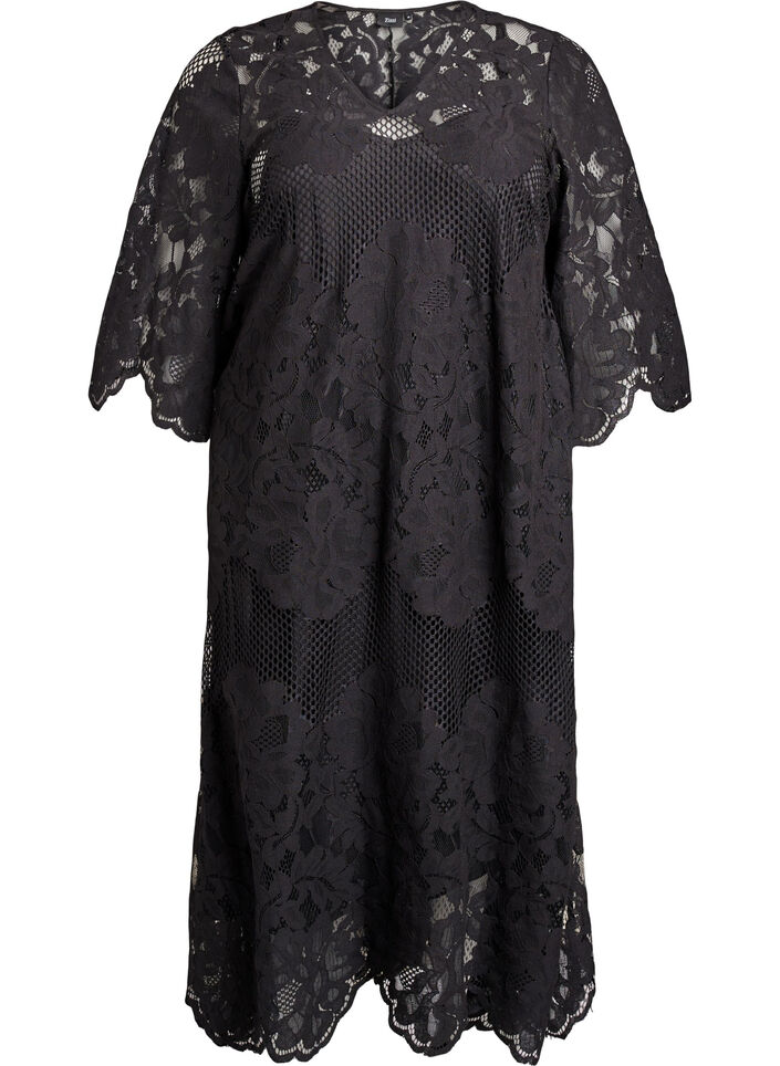 Midi lace dress with a V-neck, Black, Packshot image number 0