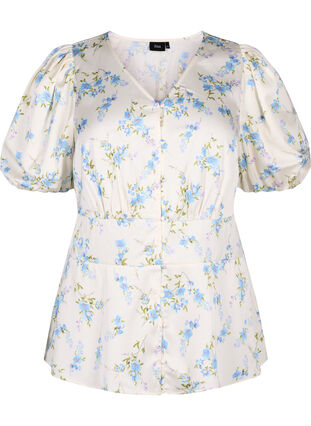 Floral satin blouse with puff sleeves, Off White Blue Fl., Packshot image number 0