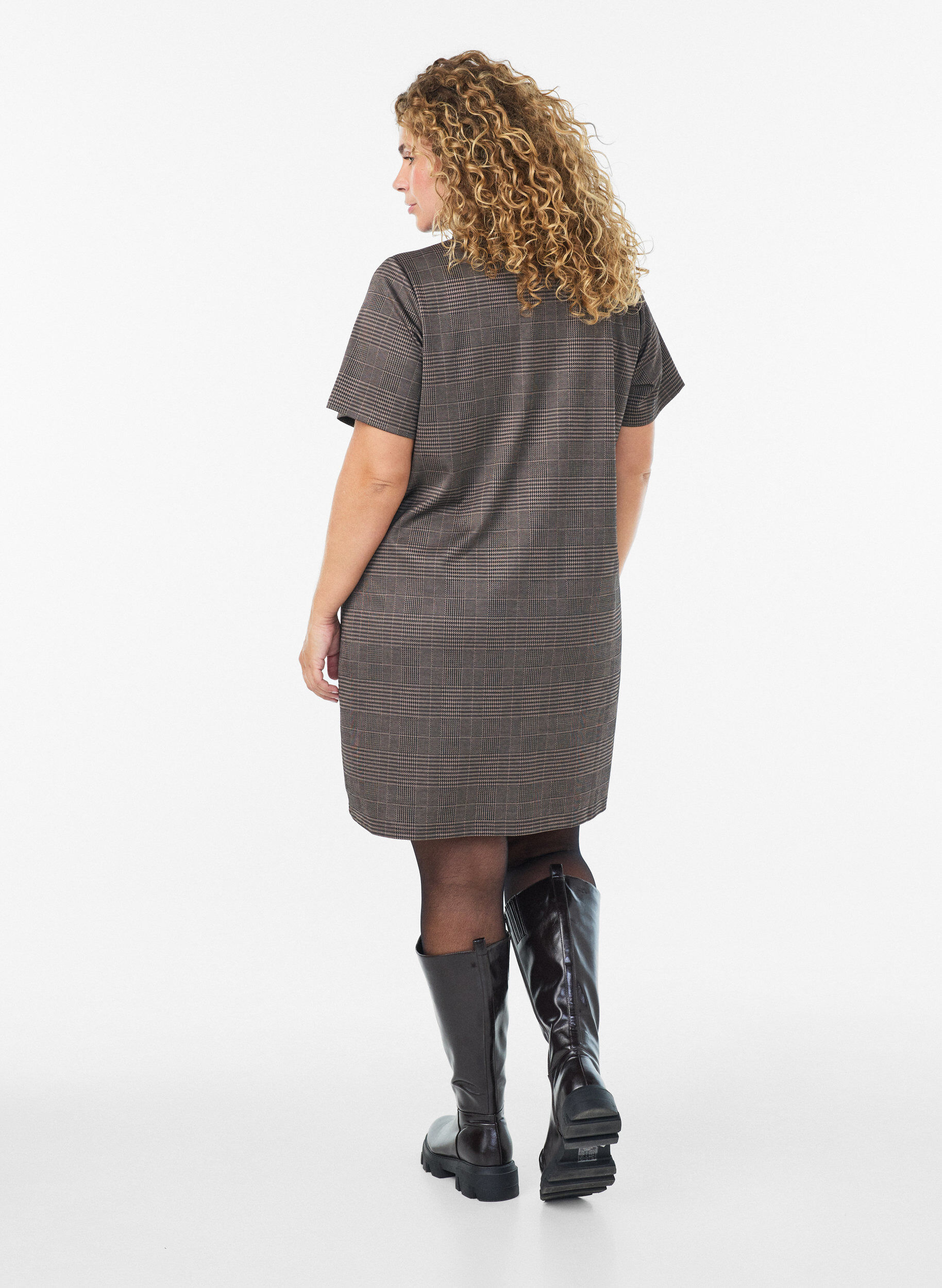 ZizzifashionShort checked dress with a shirt collar, Brown, Model image number 2