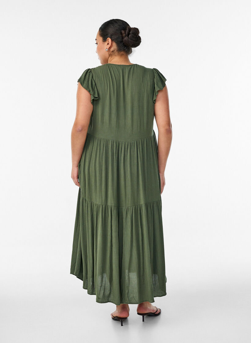 Midi dress in viscose with ruffle sleeves, Green, Model image number 0