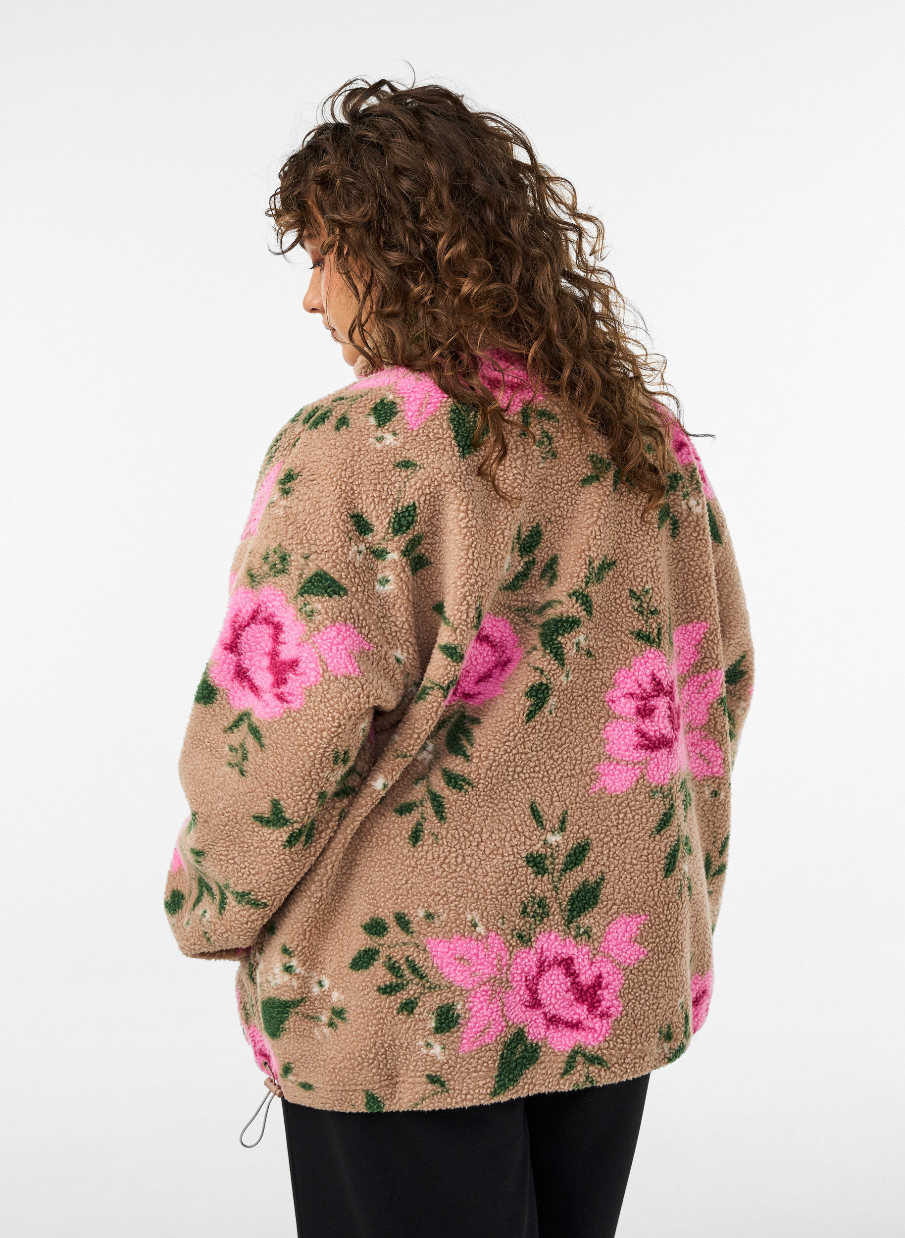 ZizzifashionFloral fleece jacket with a high neck and zip, Beige, Model image number 2