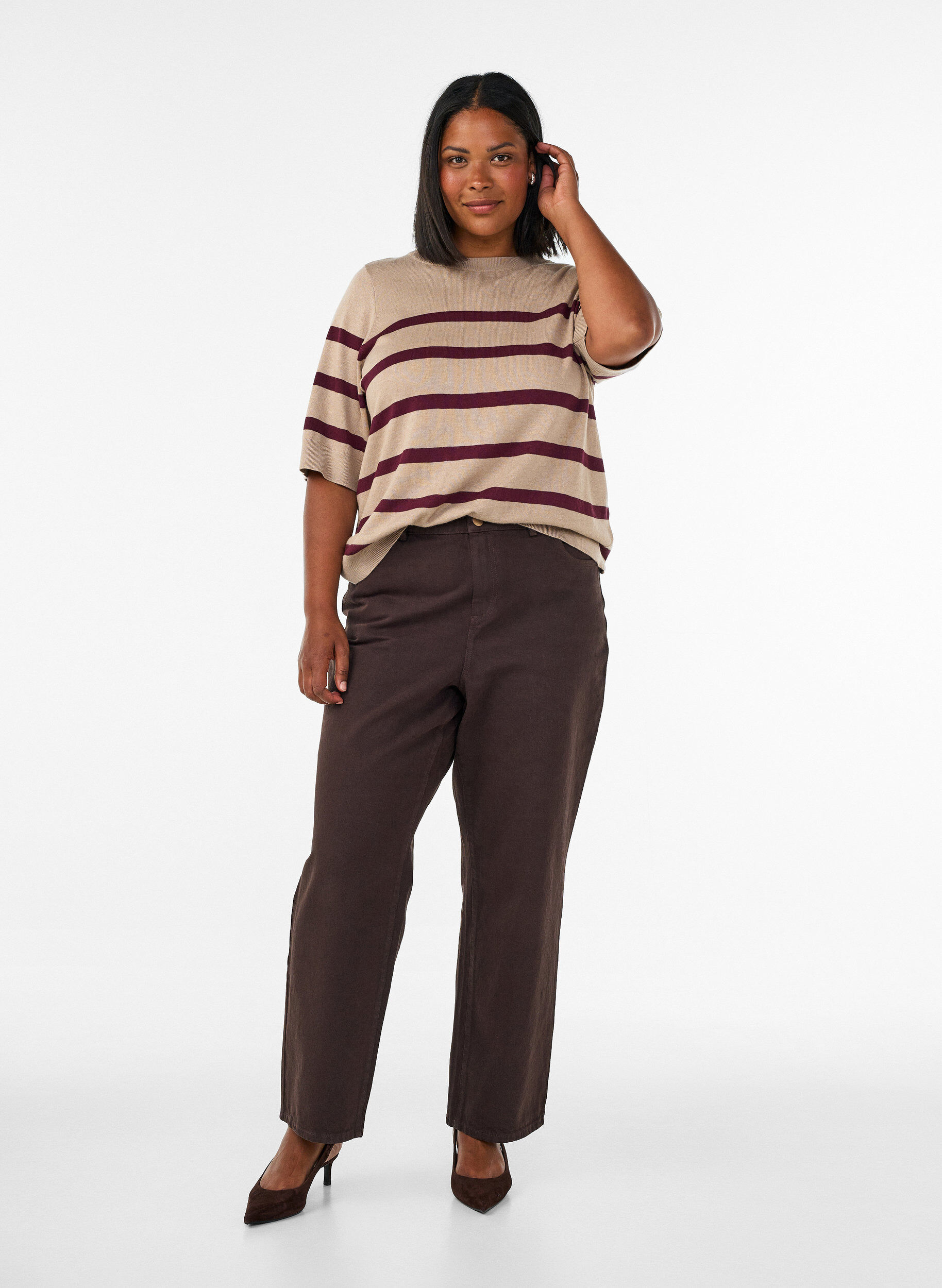 ZizzifashionStriped knit top with short sleeves, Beige, Model image number 1