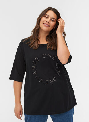 Organic cotton t-shirt with 2/4-length sleeves, Black, Model image number 0