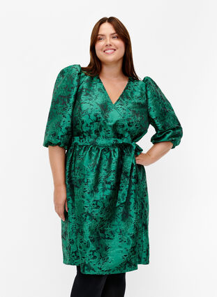 Short wrap dress with 3/4 sleeves, Green , Model image number 0