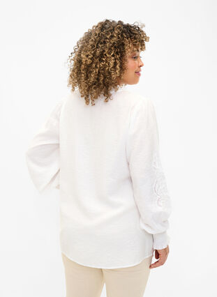 Blouse with ruffles and broderie anglaise, Bright White, Model image number 1