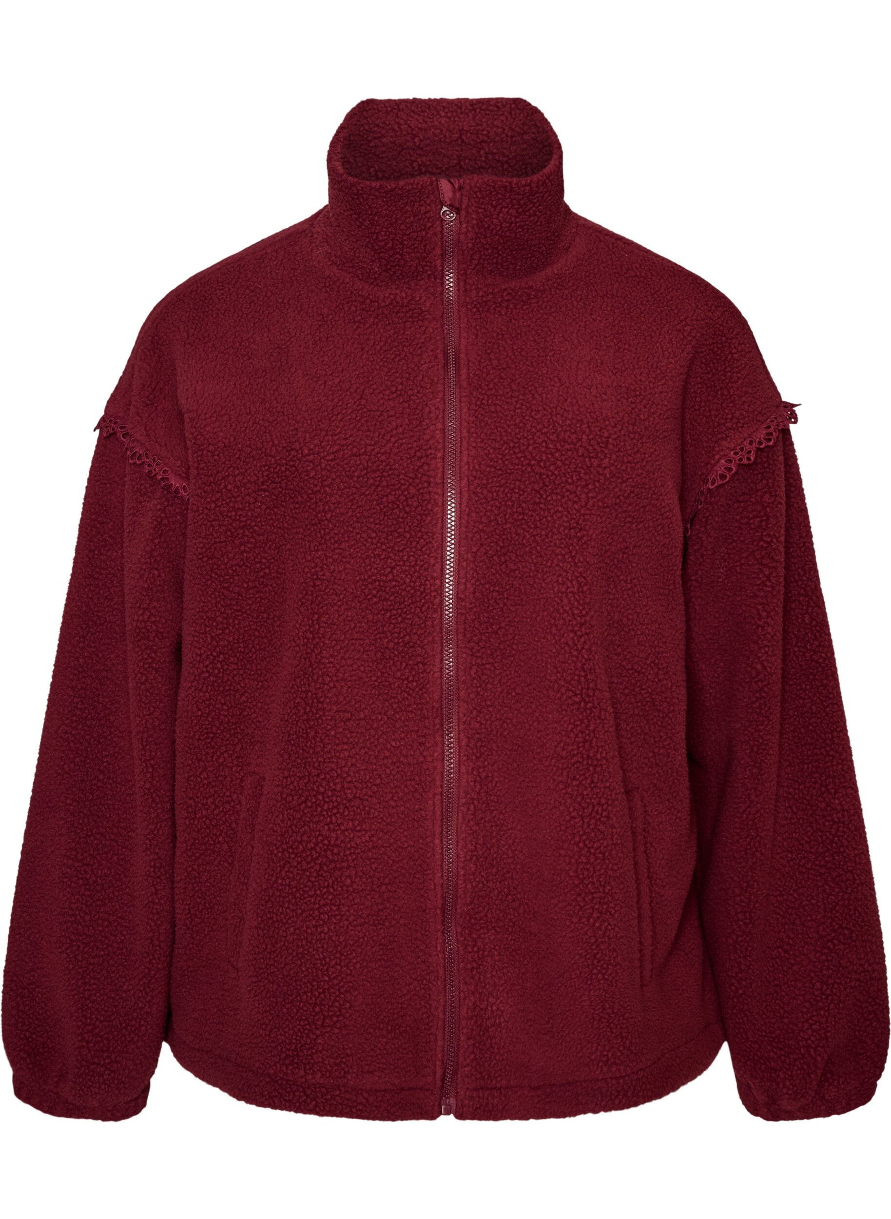 ZizzifashionTeddy jacket with eyelet embroidery trim and high collar, Red, Packshot image number 0