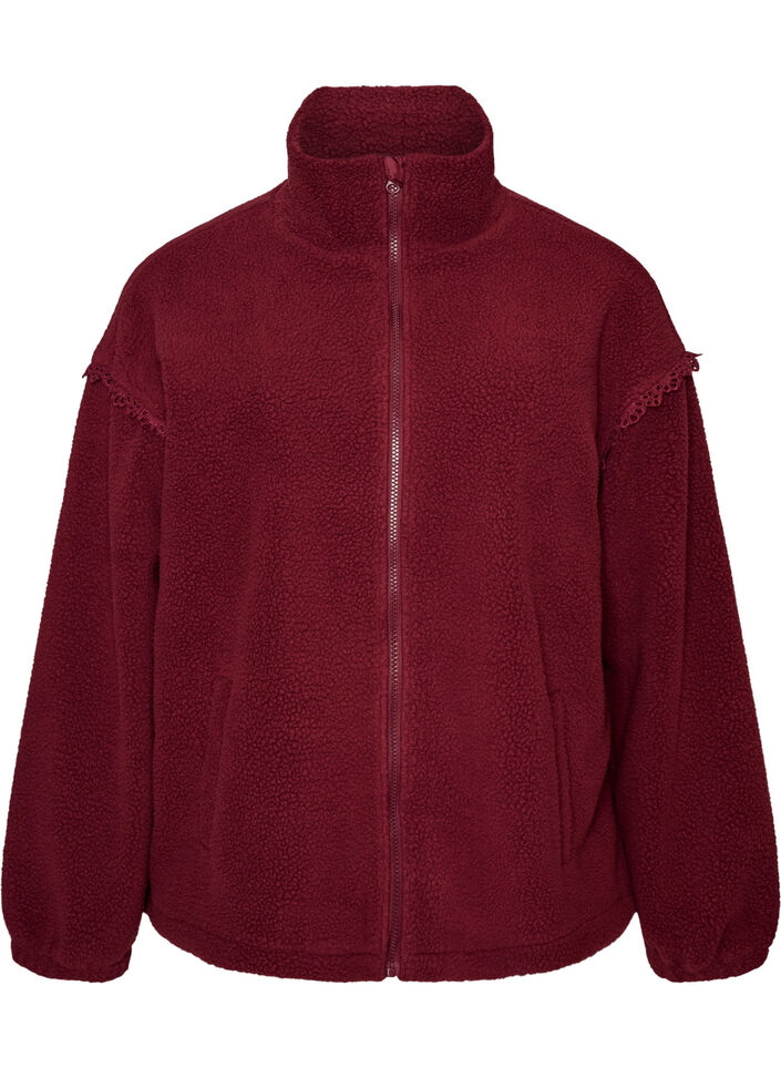 Teddy jacket with eyelet embroidery trim and high collar, Red, Packshot image number 0