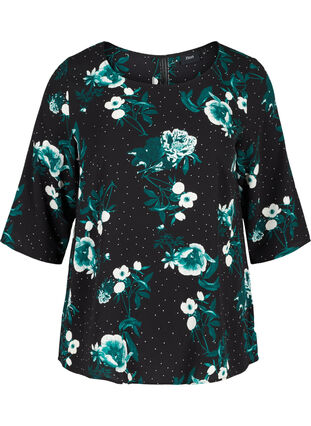 Printed blouse with lace back and 3/4-length sleeves, Black/Flower Dot, Packshot image number 0