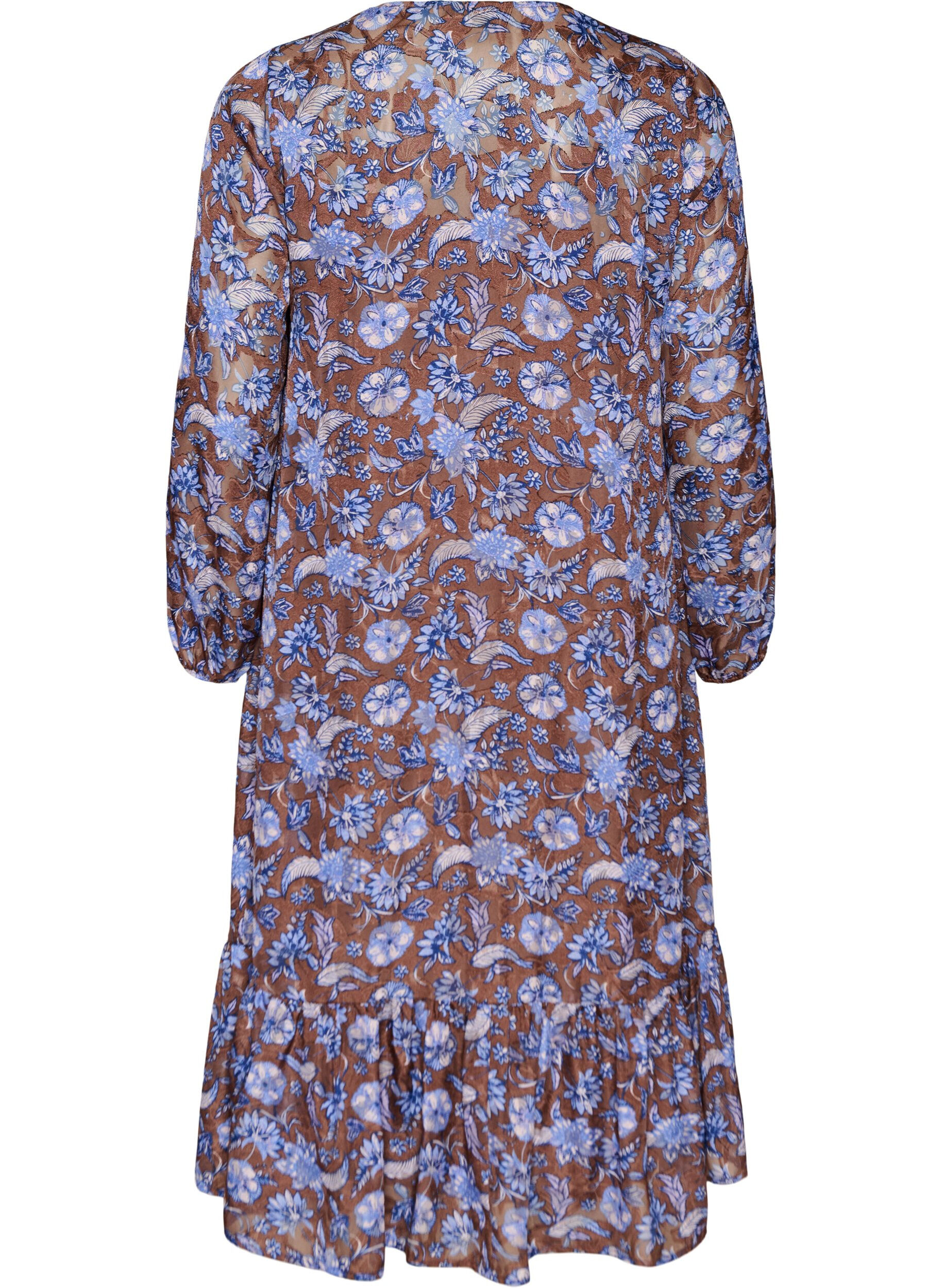 ZizzifashionMidi dress with floral print and ruffle hem, Brown, Packshot image number 1