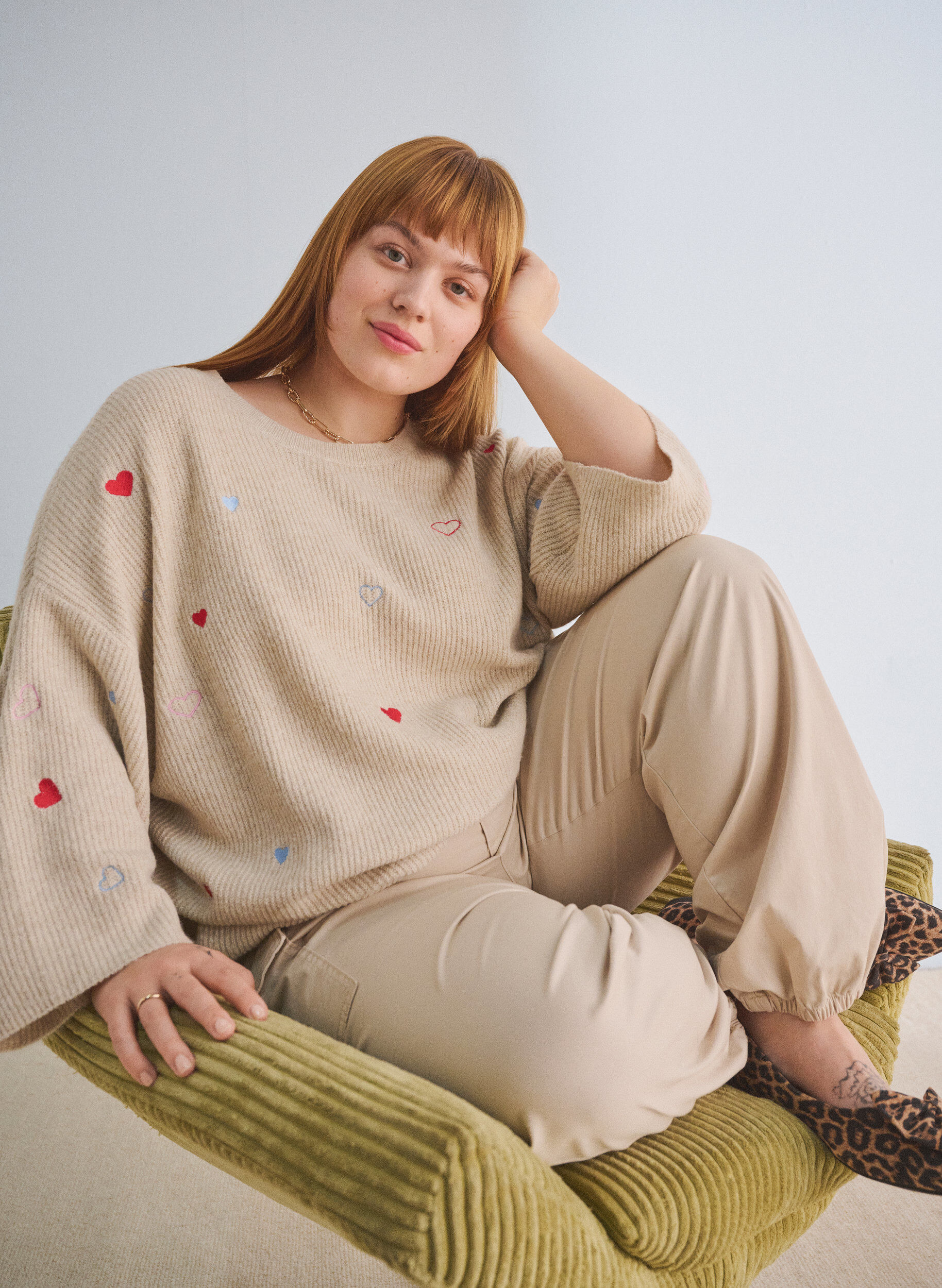 ZizzifashionKnitted blouse with hearts and 3/4 sleeves, Beige, Image image number 0