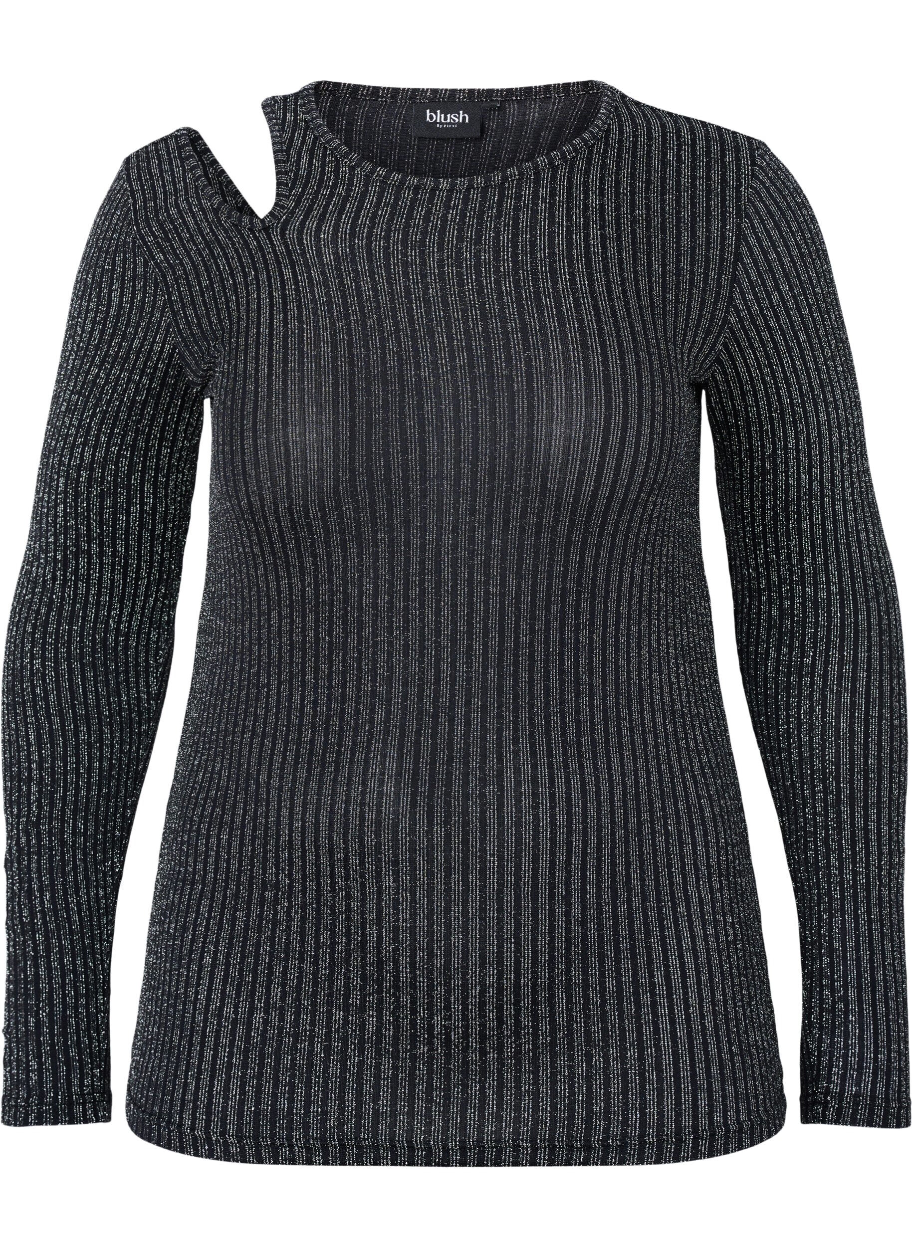 Zizzifashion Long sleeve cut-out blouse with glitter, B. w. Silver Stripes, Packshot image number 0