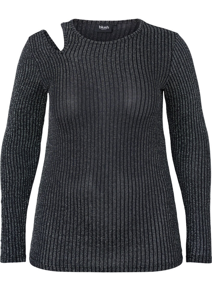 Long sleeve cut-out blouse with glitter, B. w. Silver Stripes, Packshot image number 0