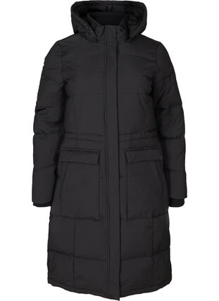 Long winter jacket with a drawstring waist, Black, Packshot image number 0