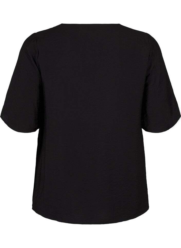 Viscose blouse with v-neck and embroidery detail, Black, Packshot image number 1