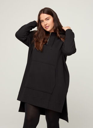 Long-sleeved sweater dress with a hood and a pocket, Black, Model image number 0