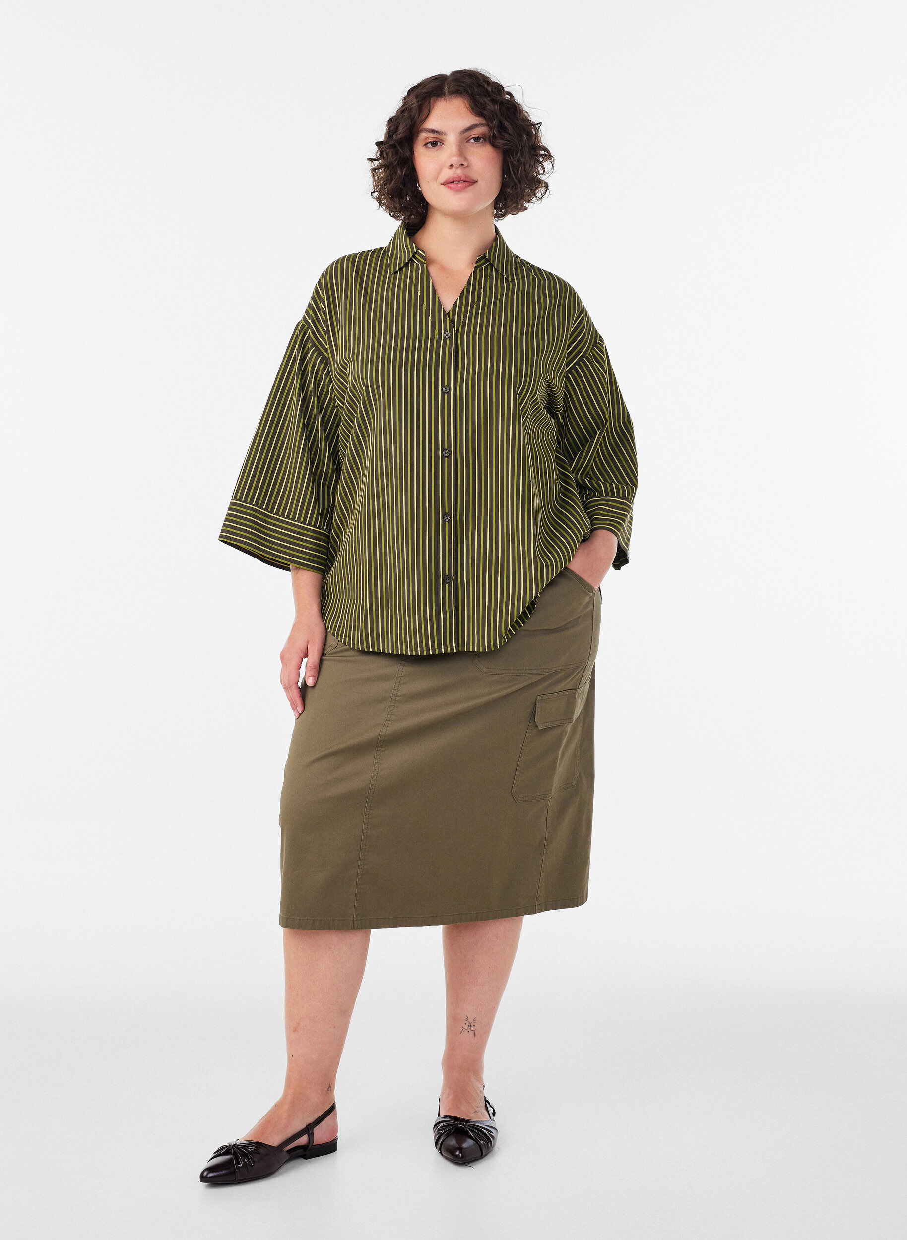 ZizzifashionLoose striped shirt with 3/4 sleeves, Green, Model image number 1