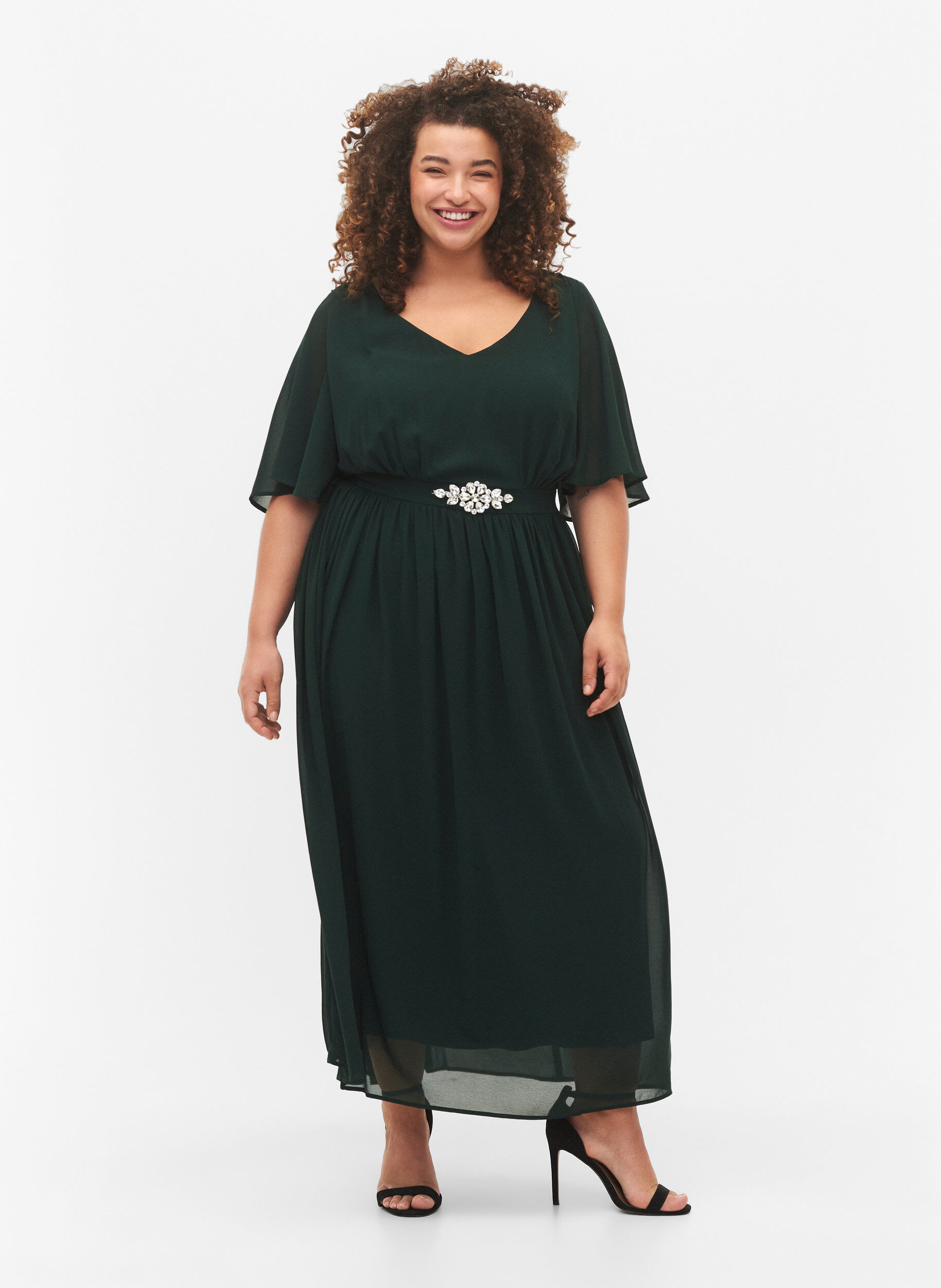 Zizzifashion Maxi dress with pleats and short sleeves, Scarab, Model image number 0