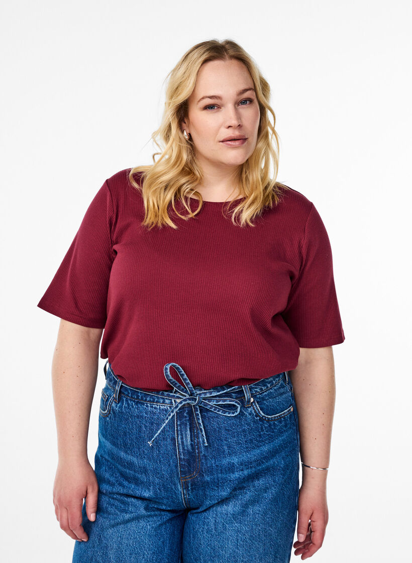 Ribbed jersey blouse with short sleeves, Dark Bordeaux, Model image number 0