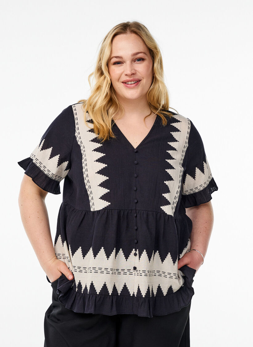Short-sleeved blouse with ruffles and graphic pattern, Black, Model image number 0