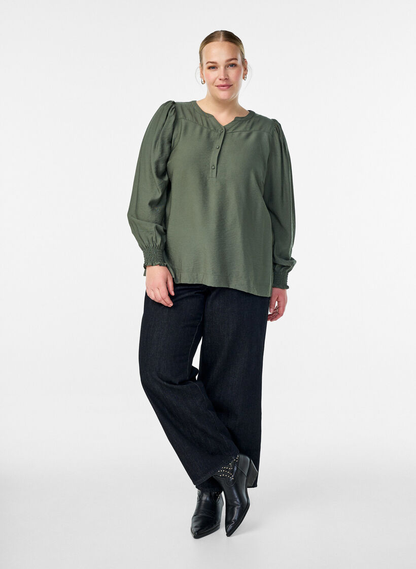 Viscose blouse with smock and gathered details, Green, Model image number 1