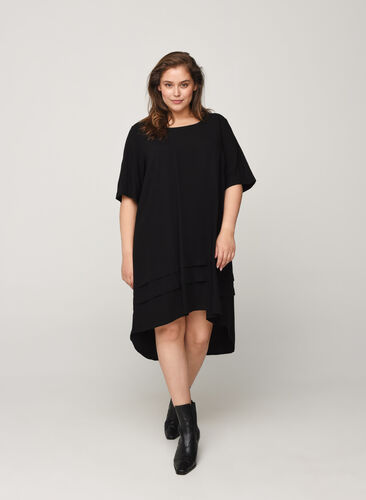 Viscose dress with a high-low effect, Black, Model image number 0