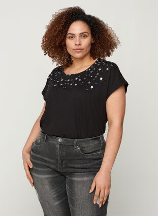 Short-sleeved cotton t-shirt with starts, Black STARS, Model image number 0