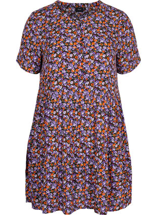 Short-sleeved viscose dress with A-line cut, Purple Ditsy Flower, Packshot image number 0
