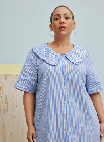 Short-sleeved cotton dress with stripes, Blue Stripe, Image image number 1