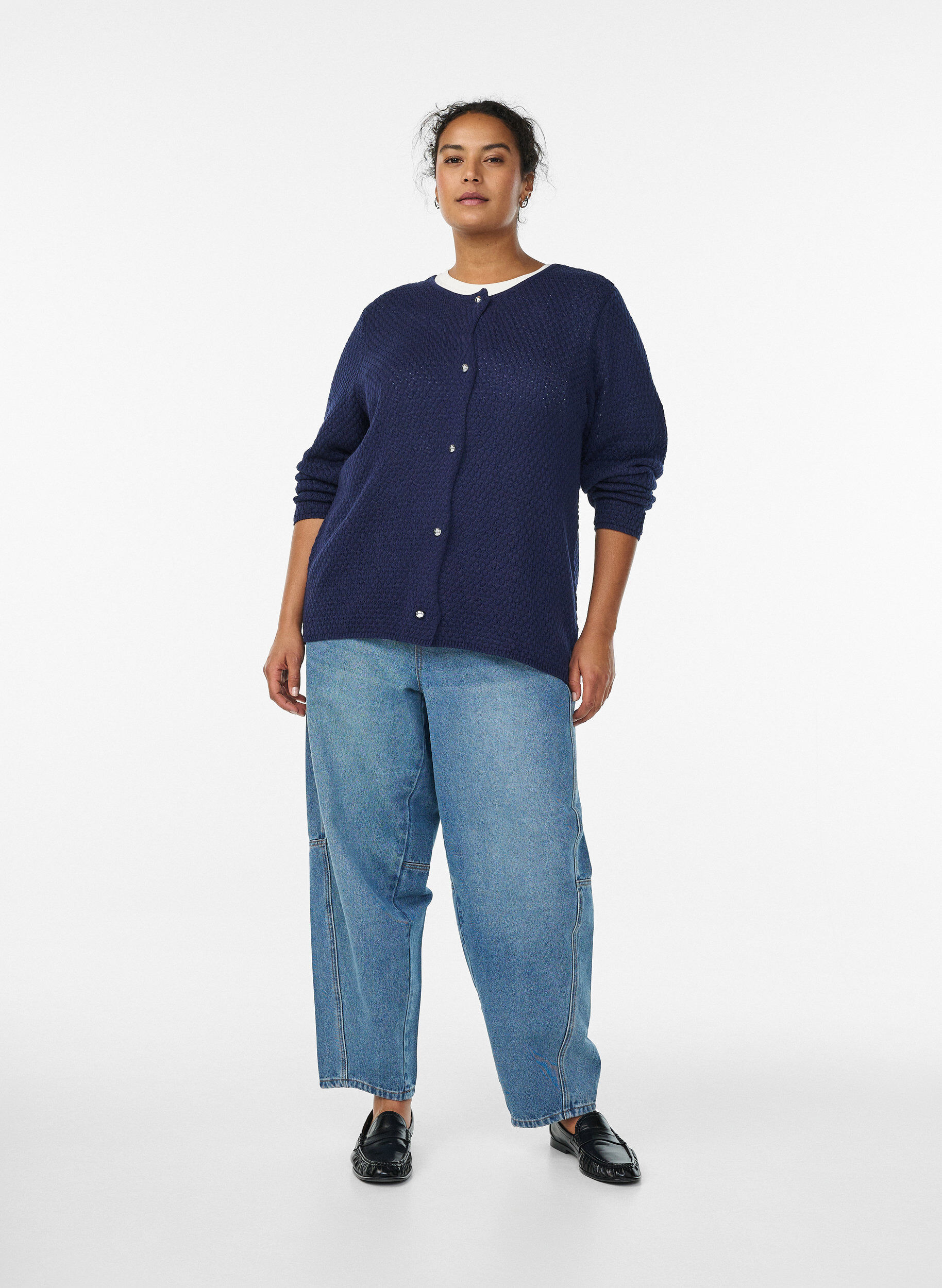 Zizzifashion Structured knit cardigan with ball-shaped buttons, Blue, Model image number 1