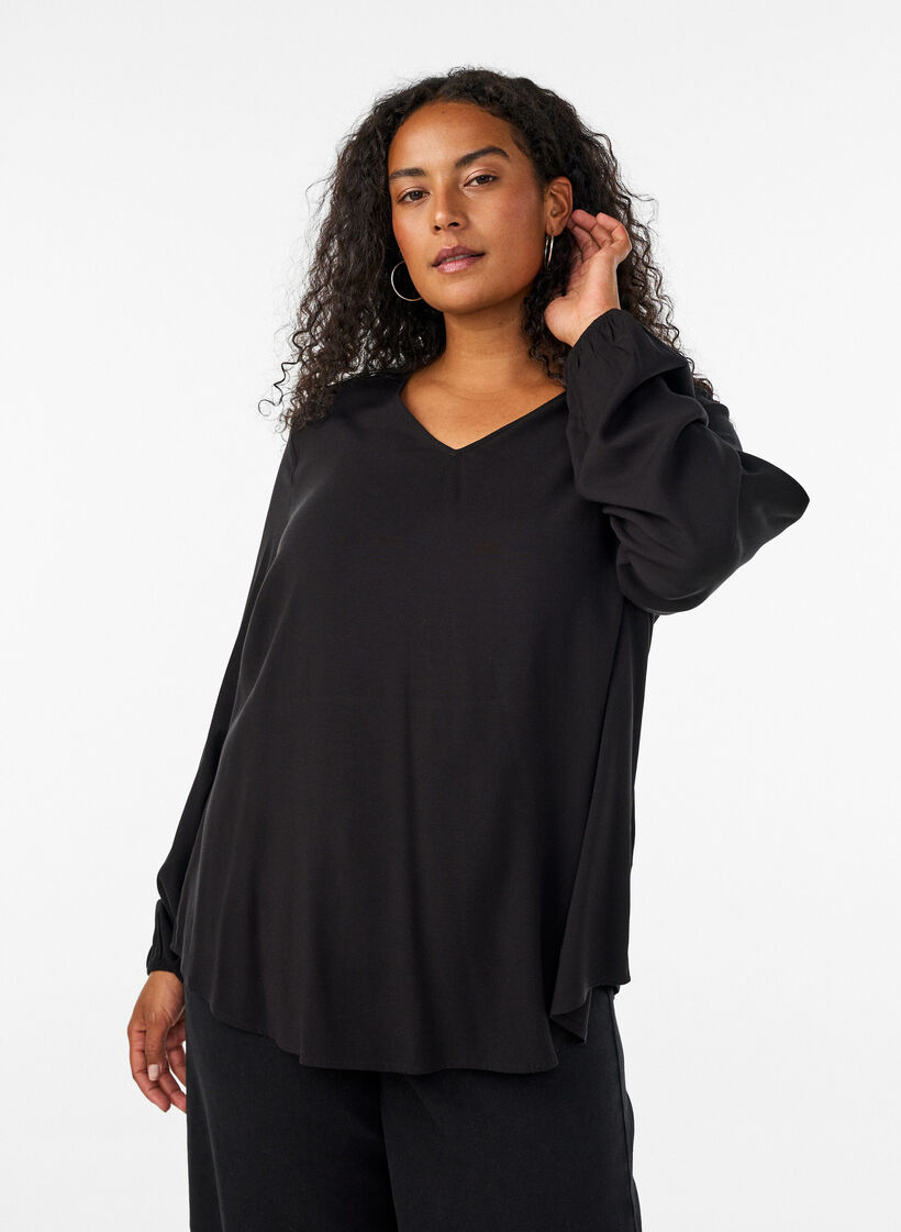 Viscose blouse with a V-neck and long sleeves, Black, Model image number 0